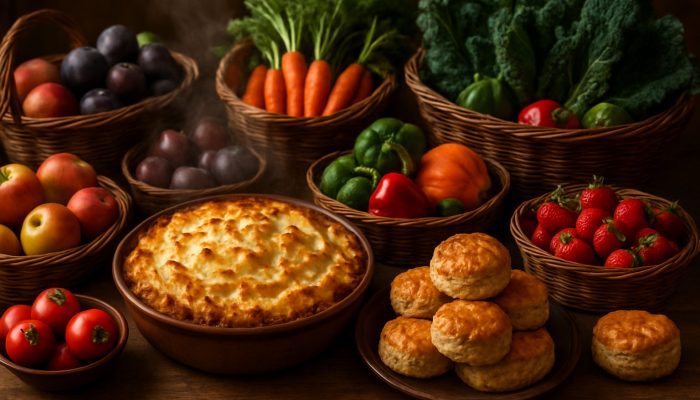 Celebrating Milestones Safely and Economically: UK Tips | DCL Rustic table showcasing shepherd’s pie, golden scones, and baskets of seasonal British fruits and vegetables.