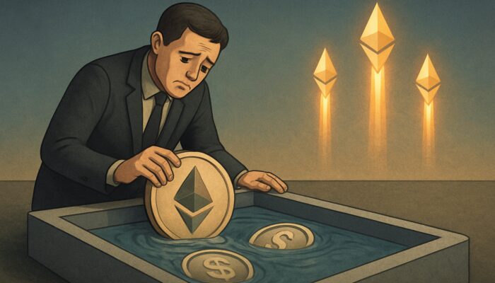 A distressed investor withdrawing faded ETH-USDC tokens as glowing Ethereum soars, illustrating impermanent loss.