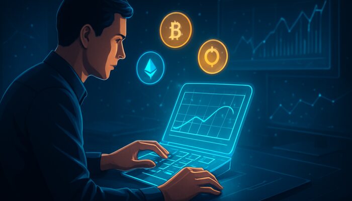 Trader entering cryptocurrency data into a glowing holographic impermanent loss calculator with floating tokens and charts