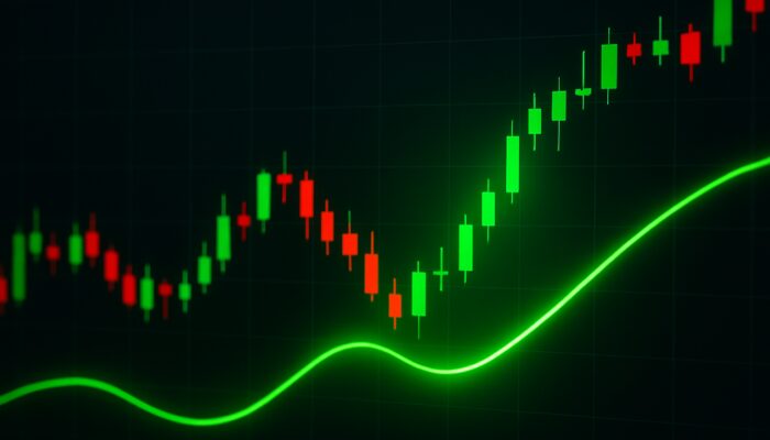 Trading chart displaying green Trix line crossing above zero amid candlesticks for bullish buy signal