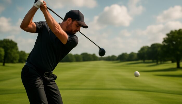 Golfer striking a low-spin golf ball that soars straight over a lush fairway for enhanced distance and control.