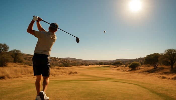 Golfer swings a low-spin ball on a sun-drenched South African course beneath a blazing summer sky.