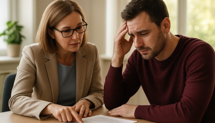 Individual reviewing financial documents with a credit union advisor in a bright office environment