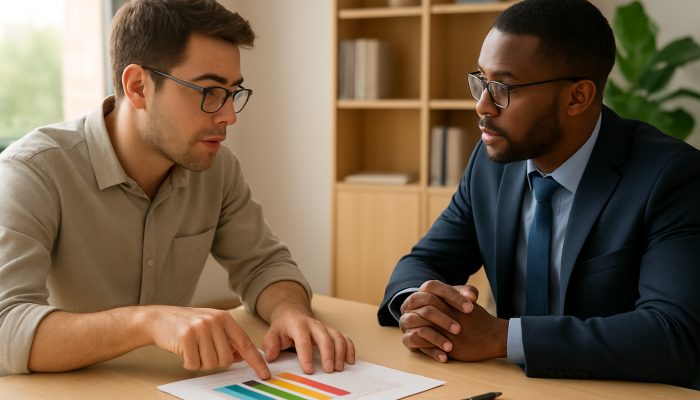 Borrower points to a colourful debt interest rate chart while negotiating repayment with an advisor in a sunlit office.