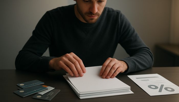 Avoiding Fresh Debt While Merging Balances: Key Tips | DCL Focused person consolidating credit cards, loans, and overdrafts into one streamlined document at desk