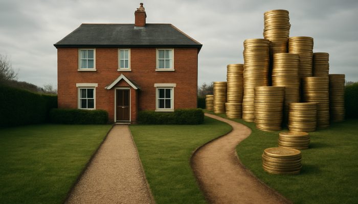 How Long Terms Affect Total Interest on a Home | DCL British terraced house split by short ownership path versus long winding road piled with interest coins for mortgages