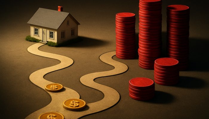 How Long Terms Affect Total Interest on a Home | DCL Suburban house on timeline comparing short low-interest mortgage path to long path buried in red interest stacks.