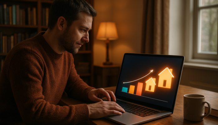 How Long Terms Affect Total Interest on a Home | DCL Homeowner viewing vibrant UK mortgage calculator charts comparing interest totals on laptop in cozy study.