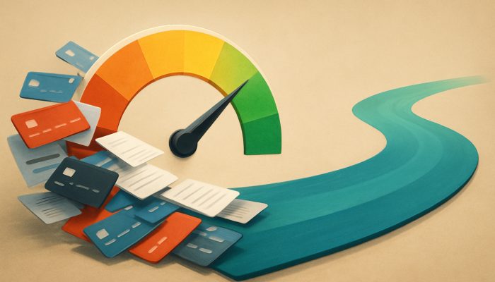 How a Merged Plan Affects Your Credit Score: Essential Guide | DCL Credit score gauge fluctuating as credit cards and loans merge into streamlined path