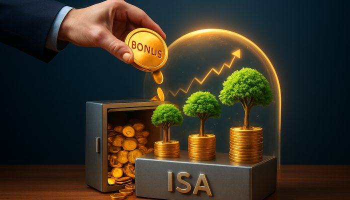 Investor pouring golden bonus into Stocks and Shares ISA vault with blooming money trees and rising charts